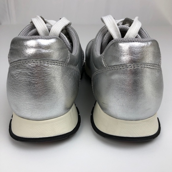 Prada silver leather lace up sneakers - Picture 4 of 11